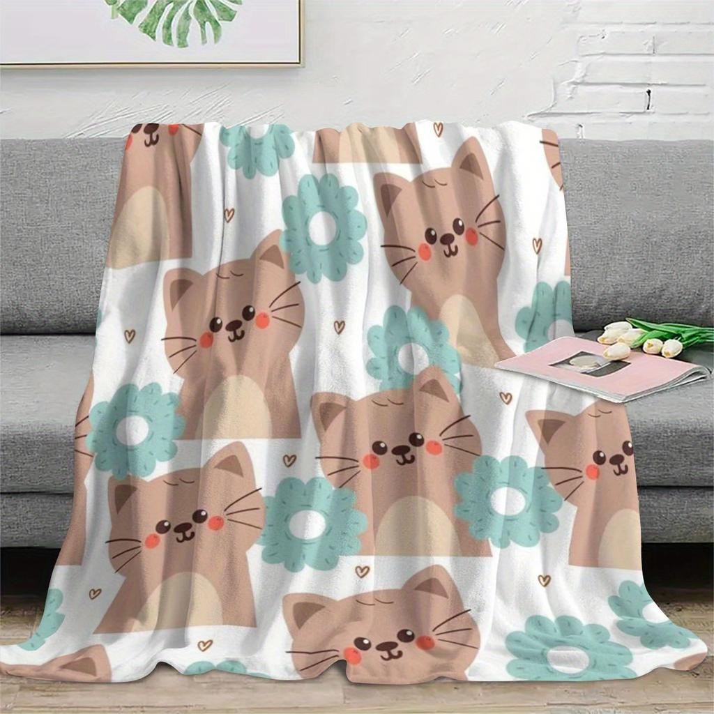 Cartoon Cat Flannel Blanket - Soft Digital Print Blanket for Camping/Sofa/Bed, Comfortable Men/Women Gift for All Seasons