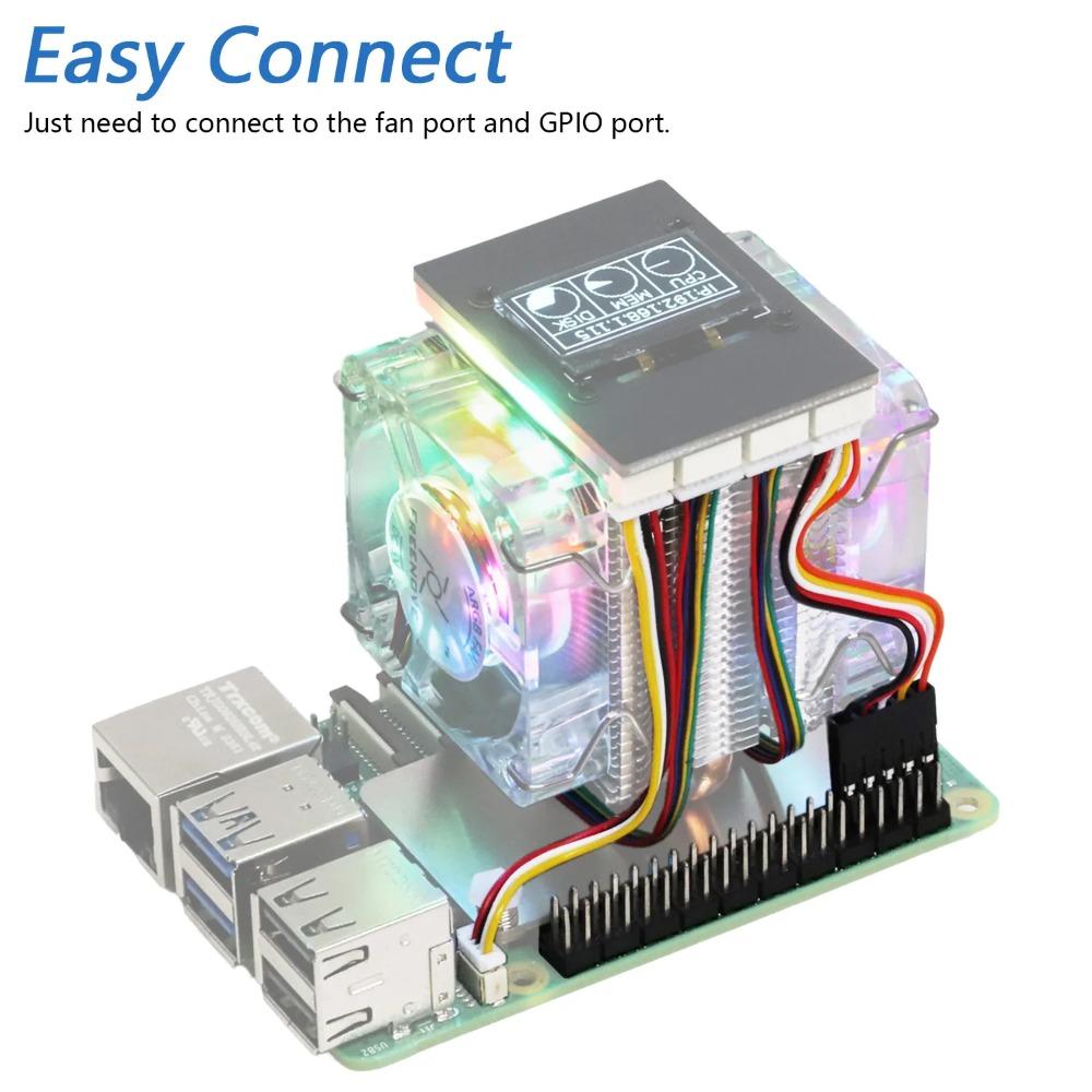 Активный радиатор Freenove для Raspberry Pi 5, 1/2 ШИМ-вентилятора, Синхронизация ARGB-подсветки, OLED-экран, Множество режимов охлаждающей подсветки