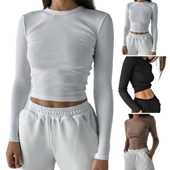 Узкая трикотажная футболка с круглым вырезом и длинными рукавами, женская сексуальная женская футболка в рубчик с обнаженным пупком