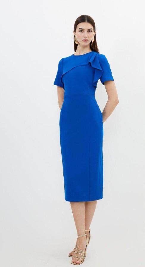 Karen Millen Kobaltowa Sukienka Midi Z Falbaną Na Ramieniu Petite 34 B1C