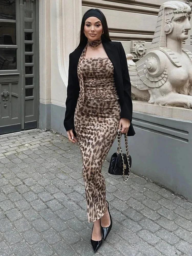 Vintage Tulle Leopard Printed 2 Piece Sets Women Casual A-line Skirt + Sexy Halter Neck Tops Fashion Off Shoulder Streetwear Suits