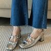 French Silver Mary Jane Women's Shoes Bow Single Shoes Square Head Thick Heel High Heels Women's One-button Bag Head Sandals