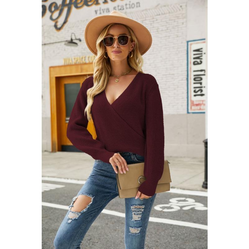 Осенне-зимний женский свитер, модный однотонный пуловер с длинными рукавами и v-образным вырезом, вязаный свитер