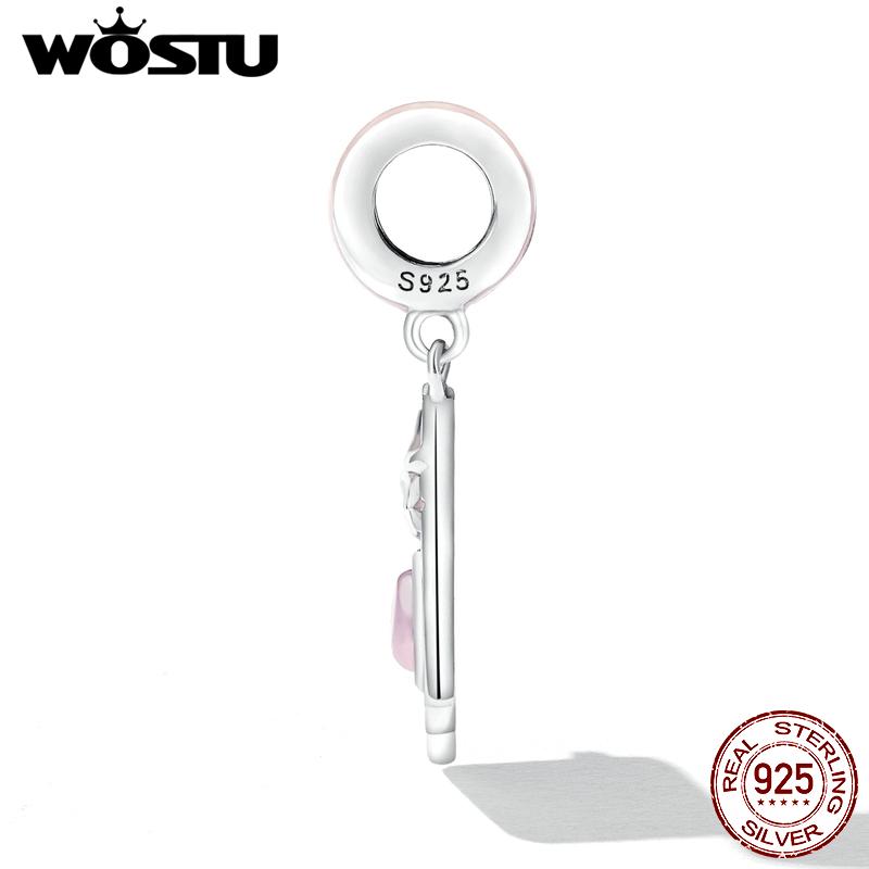 WOSTU 925 Sterling Silver Tarot Cards Lovers Charm Pendant for Women Pink Enamel Heart Lovebirds Charm Fit Original DIY Bracelet Jewelry