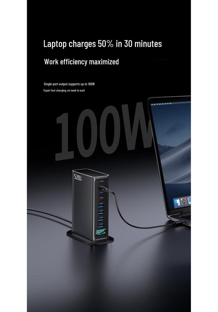 High-End 520W GaN Charger: Fast 8-Port Desktop Station with AI Digital Display
