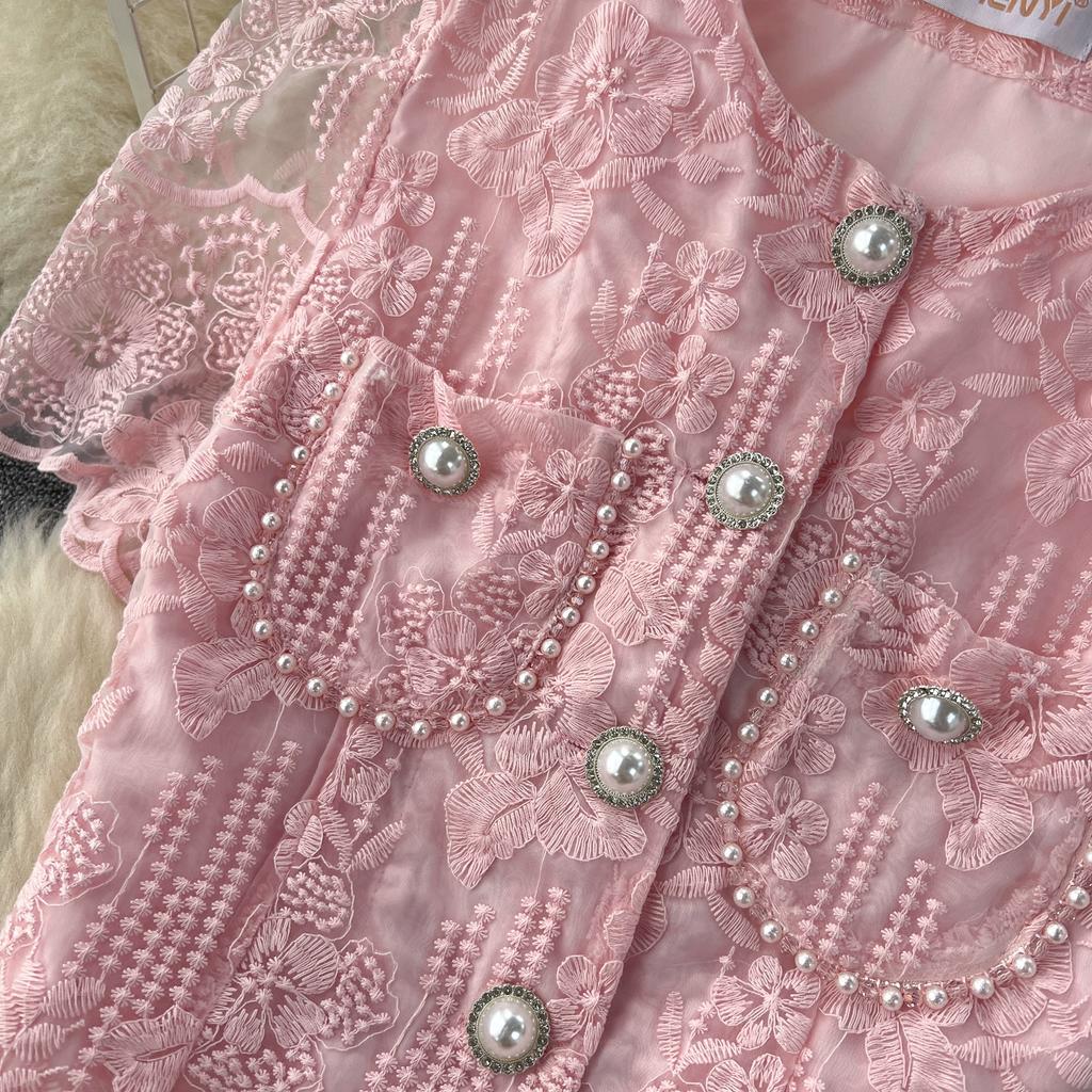 Летний женский роскошный сетчатый комплект с цветочной вышивкой, однобортный топ с бисером и карманами, рубашка + длинная юбка на молнии, костюмы из двух предметов