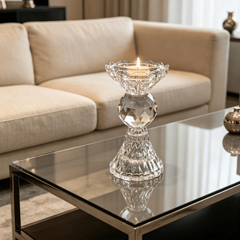 1Pc Vintage Cut Pattern Crystal Glass Candle Holder Three-Layer Segmented Design, Transparent Embossed Bowl + Crystal Ball + Patterned Base Luxurious