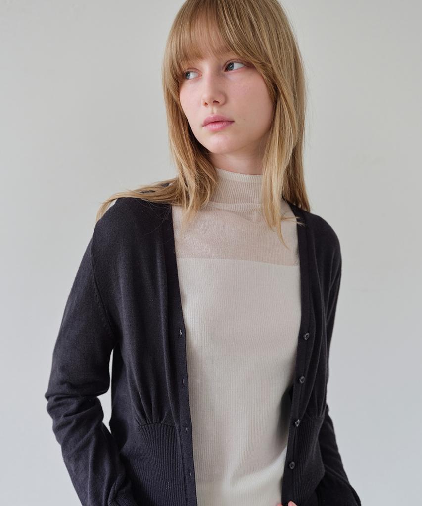 AHWE Silky V-Neck Shirred Cardigan_Dark Navy