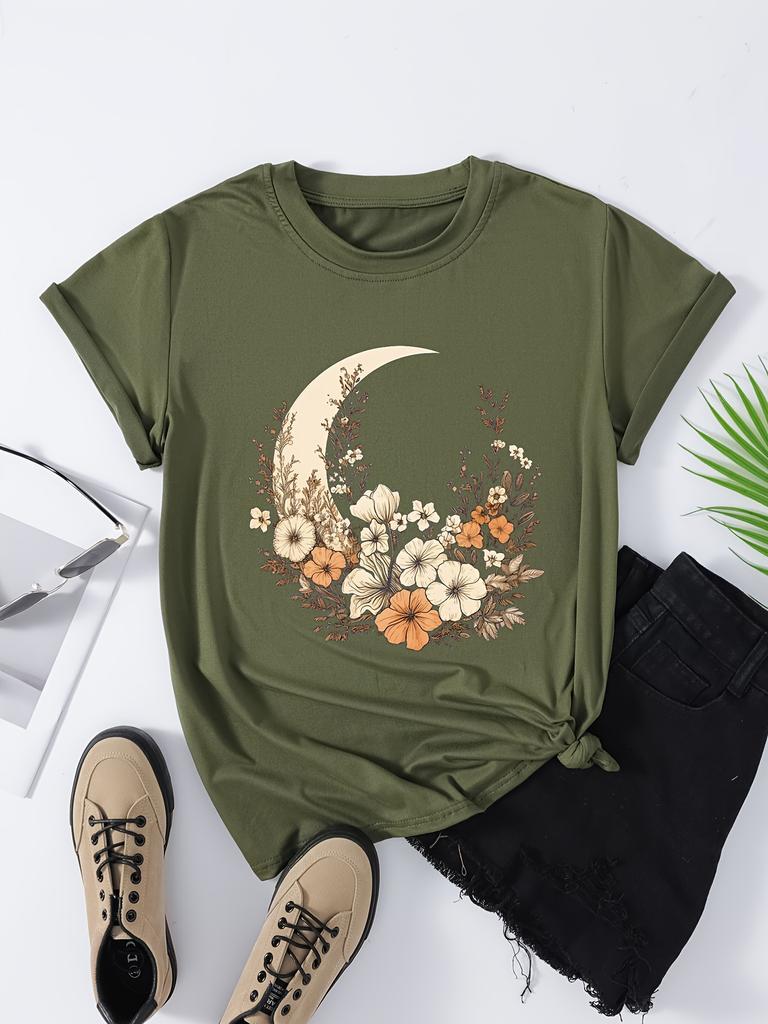 Футболка большого размера, женская, с цветочным принтом и лунным принтом, с коротким рукавом, круглым вырезом, слегка эластичный топ