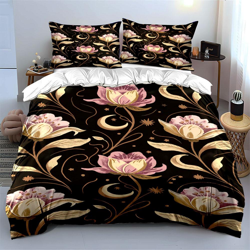 Pink flowers, moons, stars. Bedding sets Duvet cover sets Duvet covers Pillowcases(1 * Duvet Cover 2 * Pillowcases without duvet insert)
