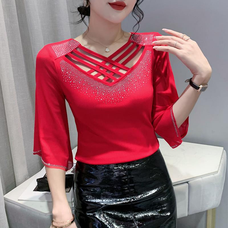 Летняя сетчатая модная футболка с перекрестным вырезом, полая, с горячей стразой, облегающая, для защиты от солнца, для женщин