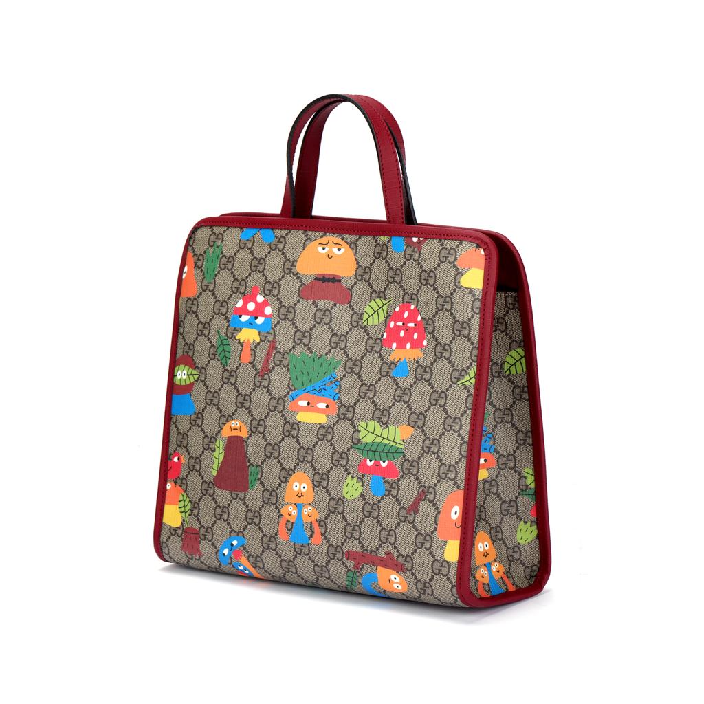 Gucci Forest Mushroom Print Logo Canvas And Leather Tote Bag Kids tote bags Ebony Burgundy 605614-22BBN-8682