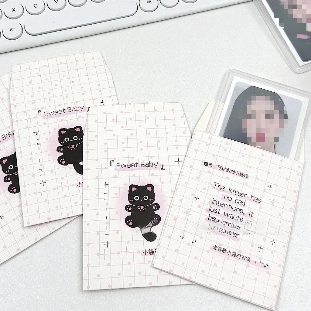 10Pcs Korean INS Kawaii Black Cat Card Envelope Bag Kpop Idol 3-inch Photocard Holder Girl Packing DIY Decor Pink Package Pocket