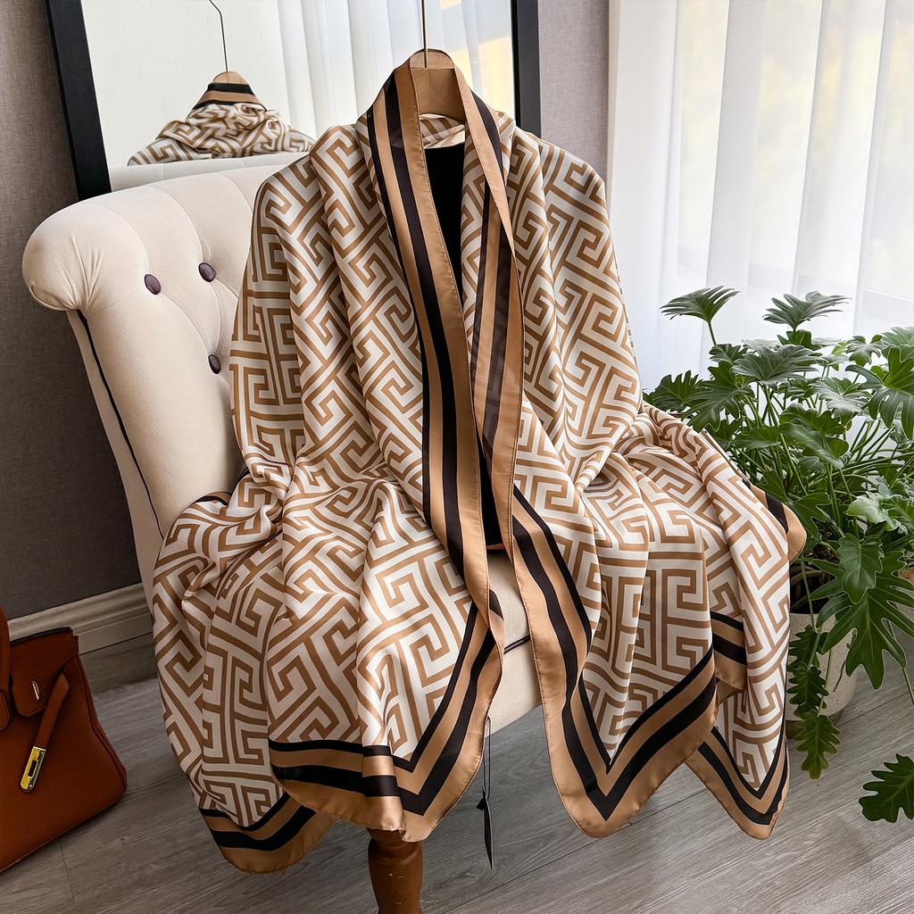 New Geometry Design Large Silk Soft Scarf Women Stylish Print Long Shawl Handkerchief Summer Sun Protection Elegant Travel Wrap