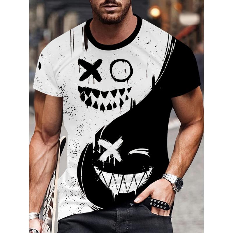 Men's Evil Smile 3D Printed T-Shirt Casual Short Sleeve Crewneck Top Cool Black White Splice Graffiti Face Graphic Tee Summer Streetwear Clothing