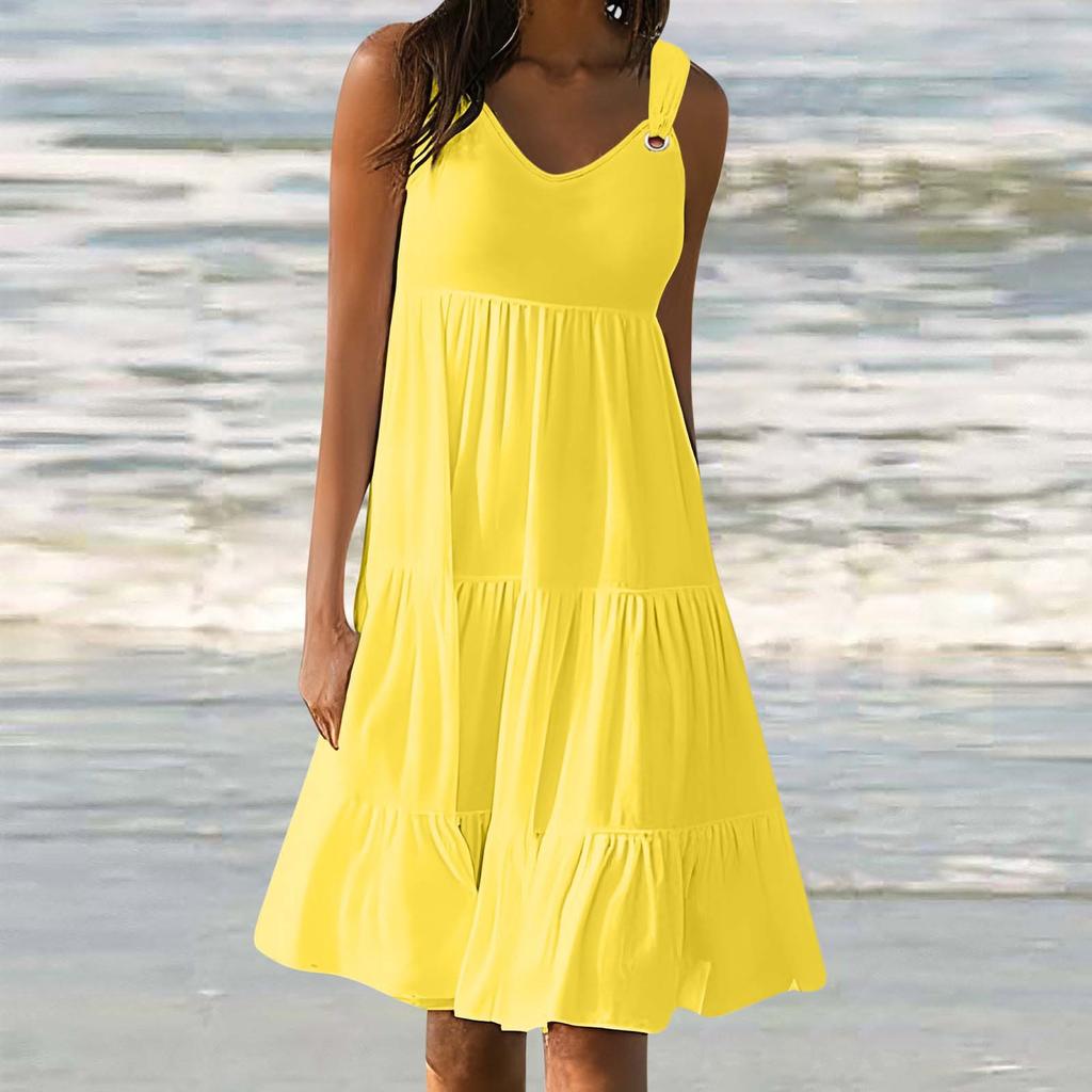 YYFS Women's Fashion Summer Spring Solid Color Print Sleeveless V-Neck Middle Waistline Casual Dresses