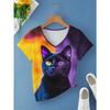Casual Fashion Simple Abstract Painting Animal Black and White Cat Breathable 3D Printed V-neck Short Sleeve T-shirt Casual Sports Shirt