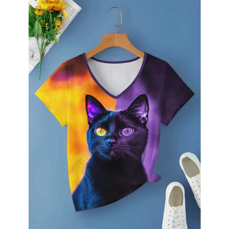 Casual Fashion Simple Abstract Painting Animal Black and White Cat Breathable 3D Printed V-neck Short Sleeve T-shirt Casual Sports Shirt