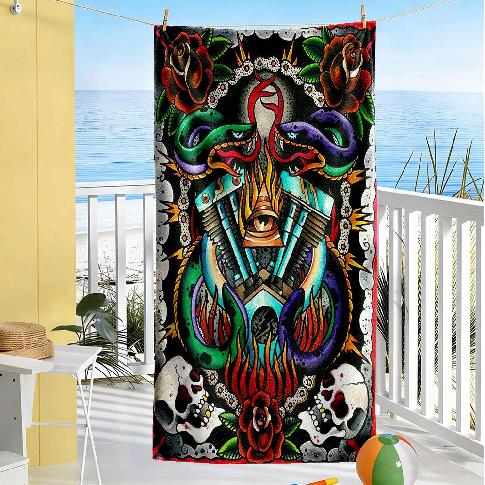 Tattoo Style Beach Towel High Absorbency & Quick-Dry Comfortable Lightweight Suitable for Swimming, Gym, Camping, Yoga Vacation