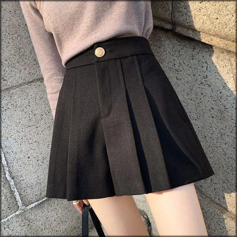 Простота мода осень новые женские молнии пуговицы плиссированные корейские повседневные с высокой талией свободные прямые А-силуэта широкие шорты юбки