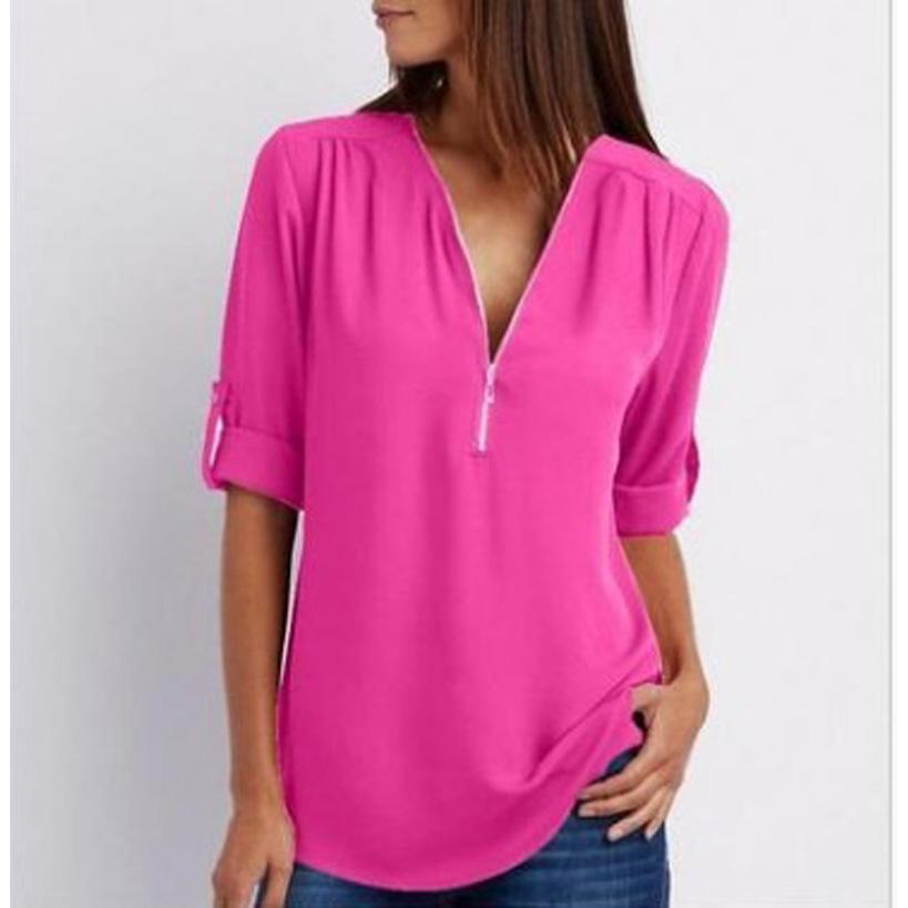 Женская мода пуловер с v-образным вырезом сплошной цвет на молнии темперамент атласная повседневная рубашка с длинным рукавом