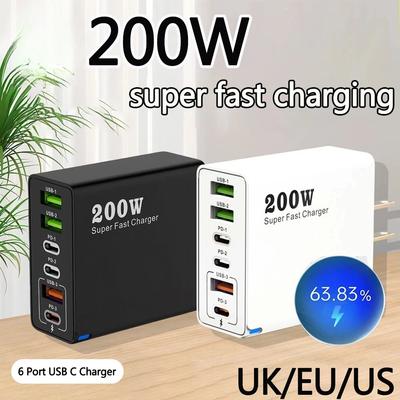 200 Вт Супербыстрая зарядка 6 портов USB C Зарядное устройство PD3.0 USB C Type C Зарядное устройство для мобильного телефона для iPhone 16 Samsung Xiaomi ipad Phone