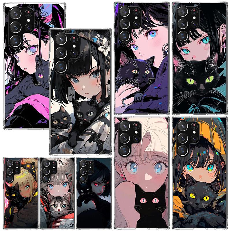 Anime Girls Cute Black Cat Phone Case For Samsung Galaxy S26 S25 Edge S24 FE S23 S22 Ultra S21 Plus S20 + Art Fundas Back Cover