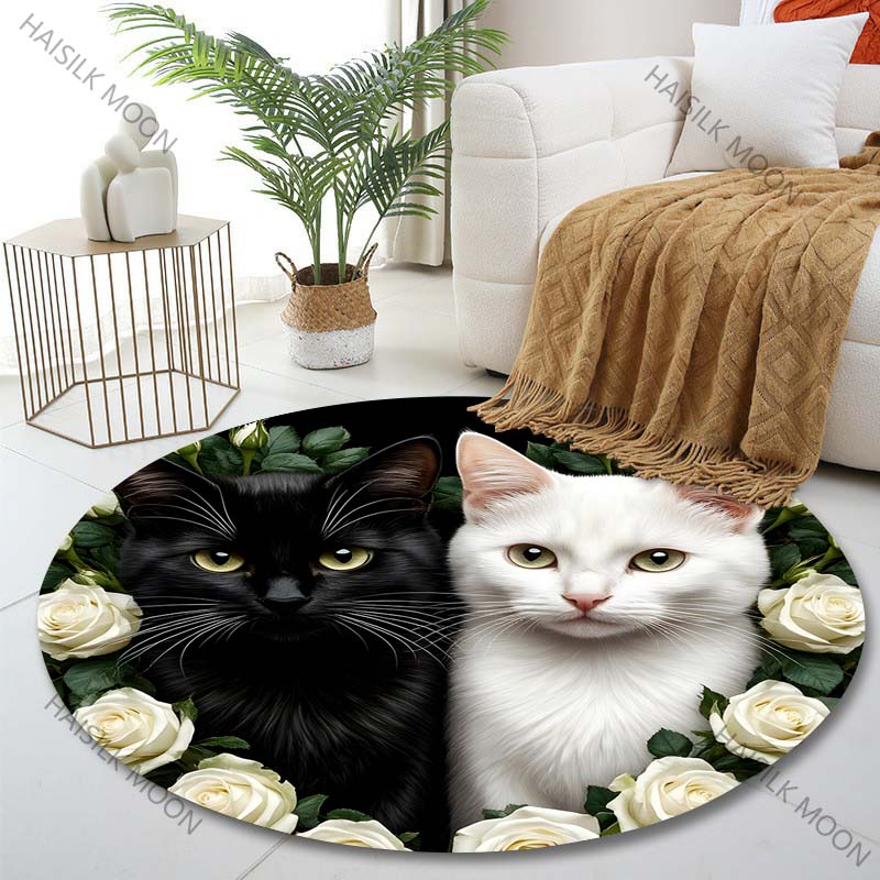 Multiple sizes Black and white cats, white roses Print Round Carpet Living Room Bedroom Table Chair Sofa Decorative Carpet