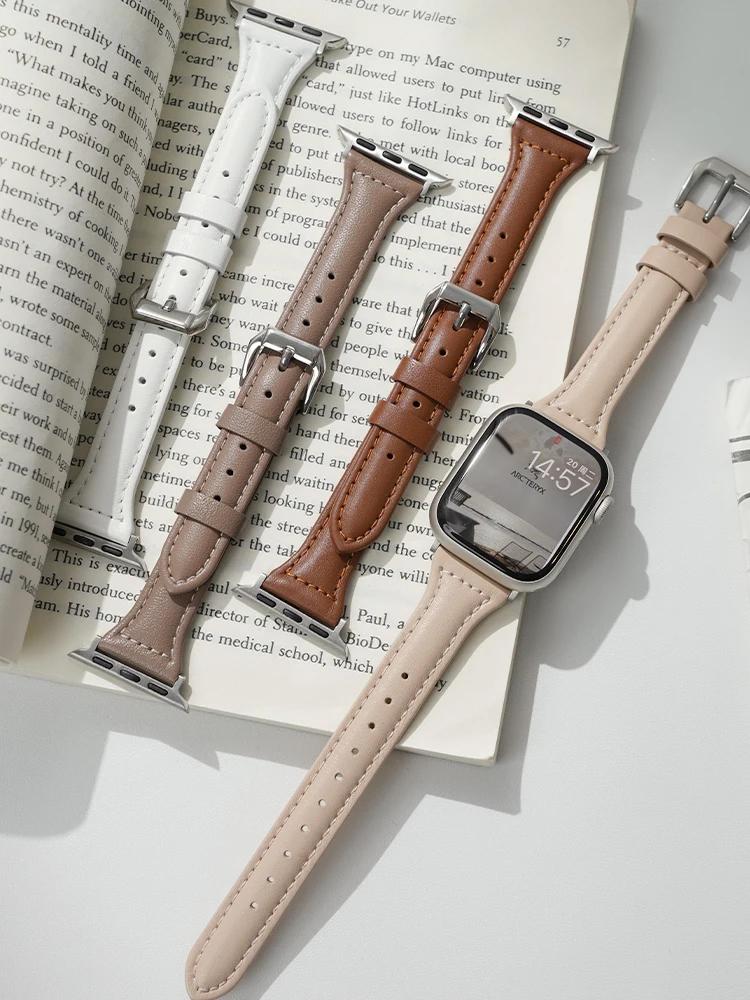 Тонкий кожаный ремешок для Apple Watch 44 мм 40 мм 41 мм 42 мм 38 мм 49 мм 44 мм браслет apple watch 8 45 мм ремешки Ultra 9 7 se 3 4 6