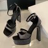 Fashion Heeled Sandals Crystal Rhinestone Chuny High Heels Square Head Zipper Ankle Strap Sexy Ladies Party Dress Shoes