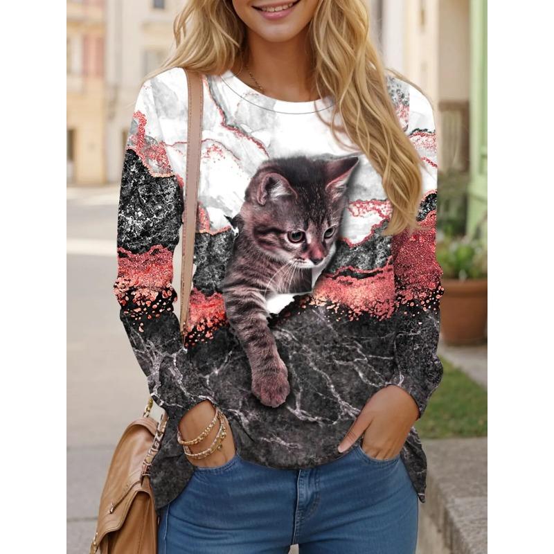 Women's T-shirt 3D Printed Art Design Cat Pattern Long Sleeved Fun Round Neck Top