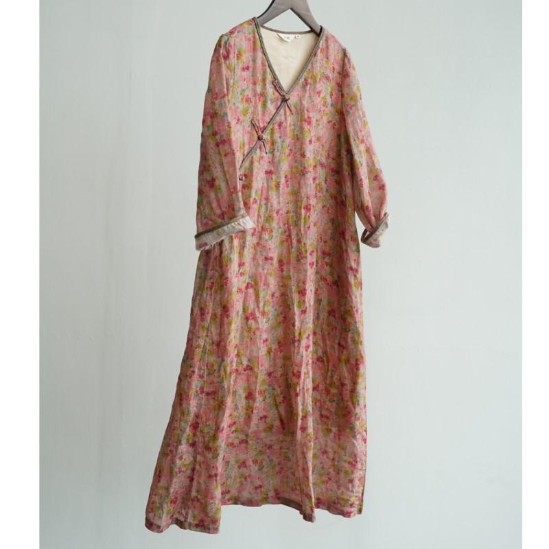 Johnature Женское винтажное платье с V-образным вырезом, принтом, цветочным узором и пуговицами, летнее платье в китайском стиле