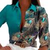 Women Spring Autumn Shirt Tops Lapel Long Sleeve Faux Gemstone Feather Print Single Breasted Shirt Streetwear