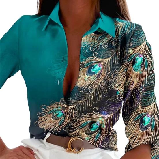 Women Spring Autumn Shirt Tops Lapel Long Sleeve Faux Gemstone Feather Print Single Breasted Shirt Streetwear