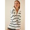 Women's Black Ecru Zipper Striped Oversize Long Knitwear Sweater Va00031
