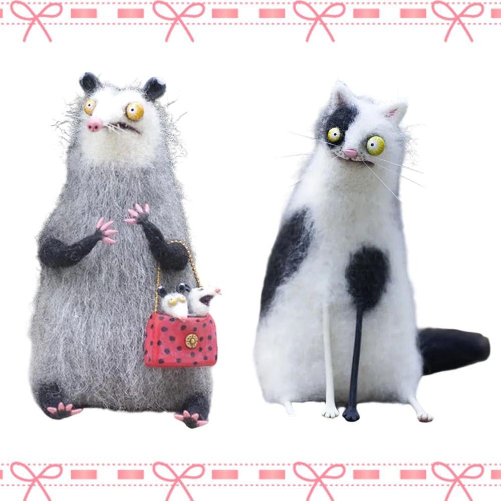 Мультяшные животные из шерстяного войлока, фамильяры, причудливые компаньоны ручной работы, мини-декор с животными с широко раскрытыми глазами, странные и милые валяные компаньоны