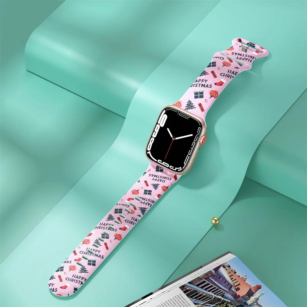 Для рождественских ремешков для Apple Watch ремешок 44 мм Ultra 2 49 мм 40 мм женский силиконовый браслет с принтом iWatch Series 9 8 7 6 5 SE 41/45 мм