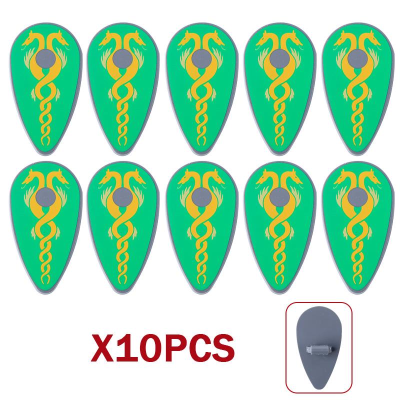 MOC Средневековый Военный Замок Оружие Римский Рыцарь Шлем Щит Аксессуары Строительные Блоки Зеленый Дракон Лев Крестоносец Кирпичи Игрушка