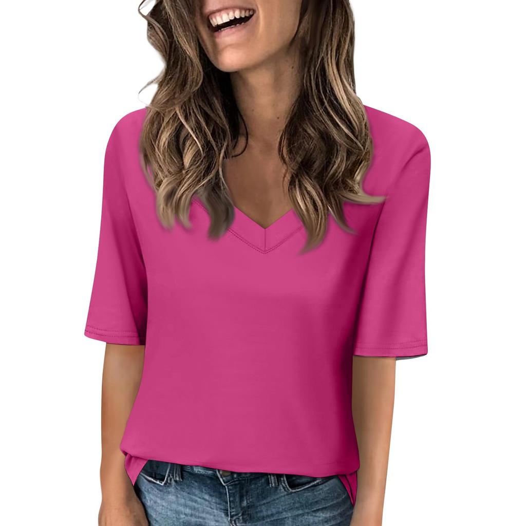 Women's Solid-color V Neck T Shirts Half Sleeve Tops Printed Casual Summer Tees T Shirt Blouse