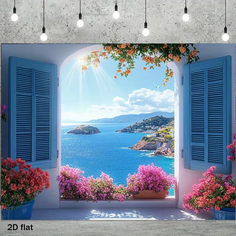Coastal Home Decor Banner with Greek Island Window and Flowers