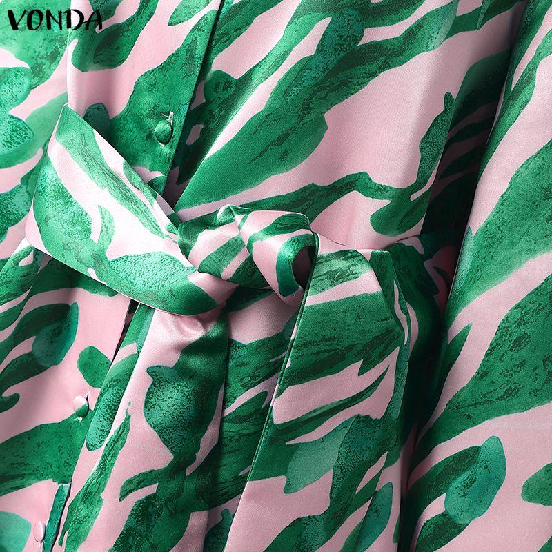 VONDA Oversized Women Casual V Neck Long Sleeve Floral Print Belt Smooth Loose Dress
