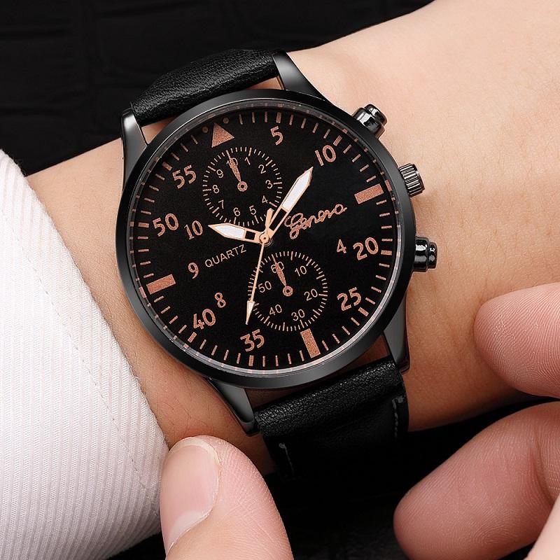 Новые повседневные роскошные мужские деловые часы GENEVA Man Sport Bracelet Quartz Wristwatch Leather Band Black Leather Fashion