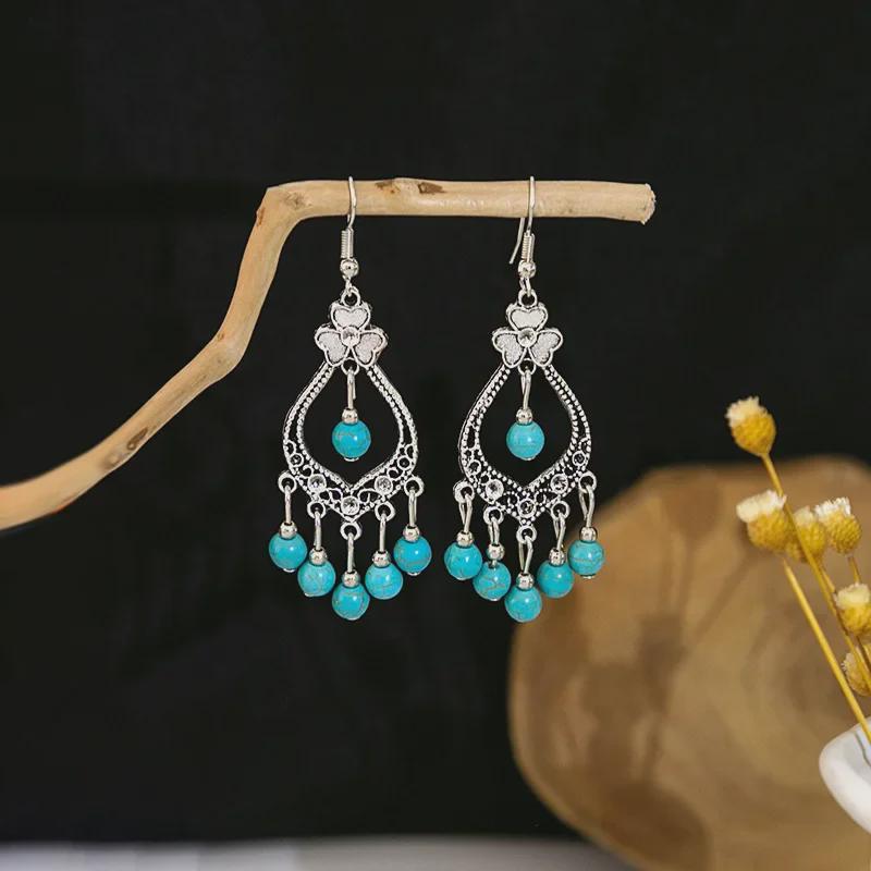 European and American Retro Hollow Turquoise Tassel Bohemian Earrings for Women