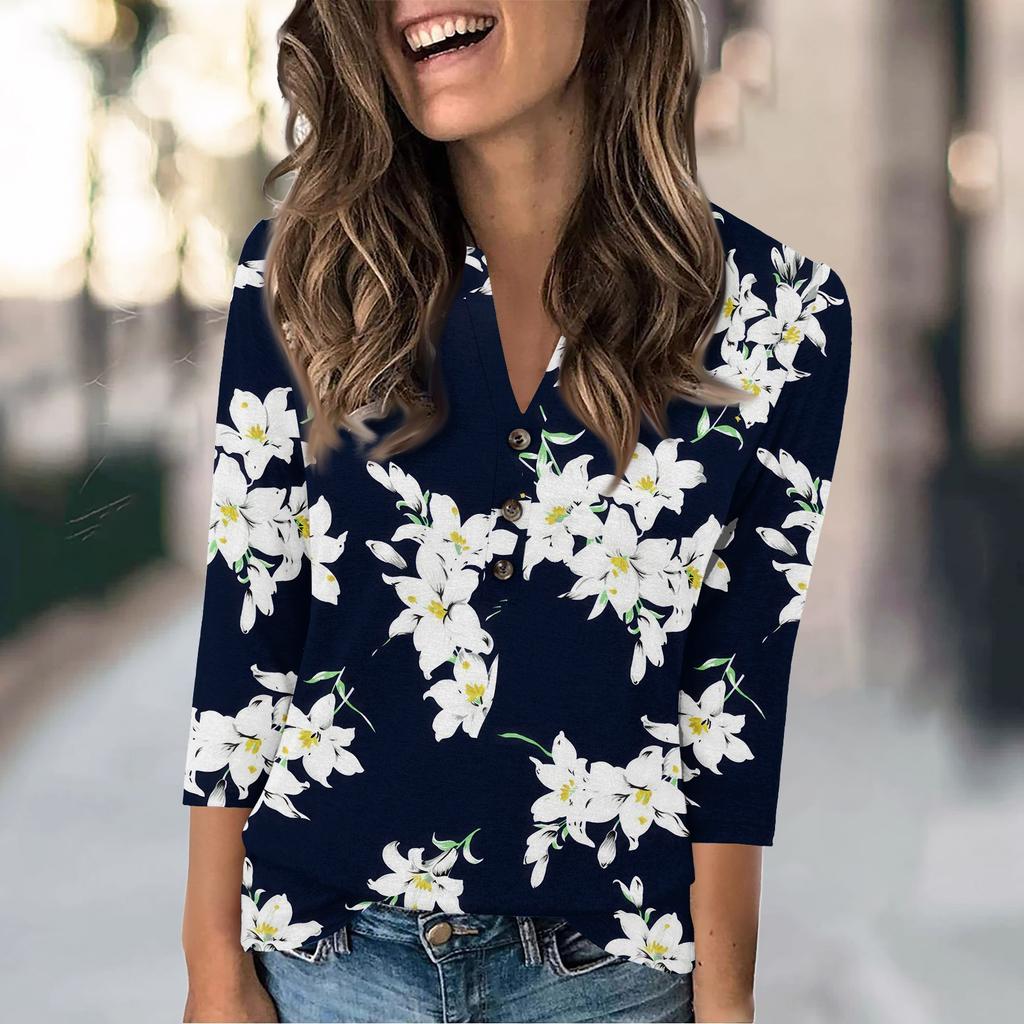 Женская мода повседневный свободный топ с рукавом 3/4 и круглым вырезом