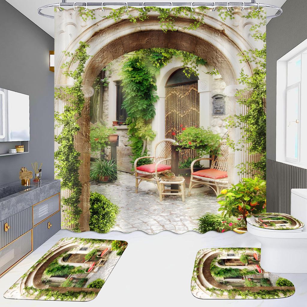 4 шт., наборы занавесок для душа в европейском стиле с архитектурой замка Мандала для ванной комнаты, нескользящие коврики для ванной комнаты, крышка для унитаза, коврик для ванной
