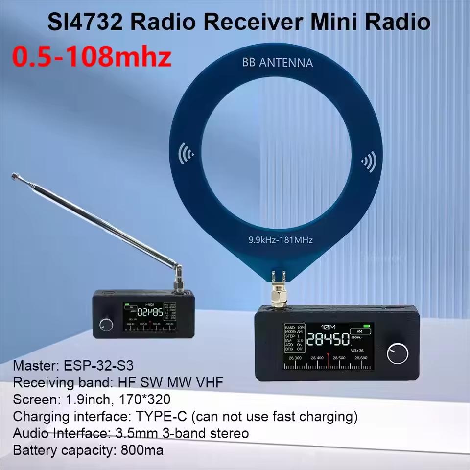 SI4732 0.5-108mhz Pocket Mini Radio 1.9inch IPS Screen FM/AM Radio with 2pcs Antenna All Band Radio Receiver HF SW MW VHF Radio