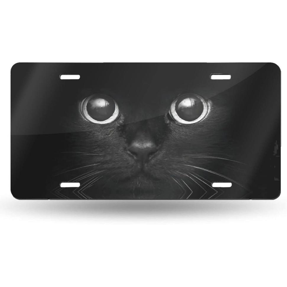 Black Cat Eyes Watching Front License Plate Aluminum Decorative License Plates Funny Metal Car Plate 6"X12" Novelty Vanity Tag Cover With 4 Holes Car