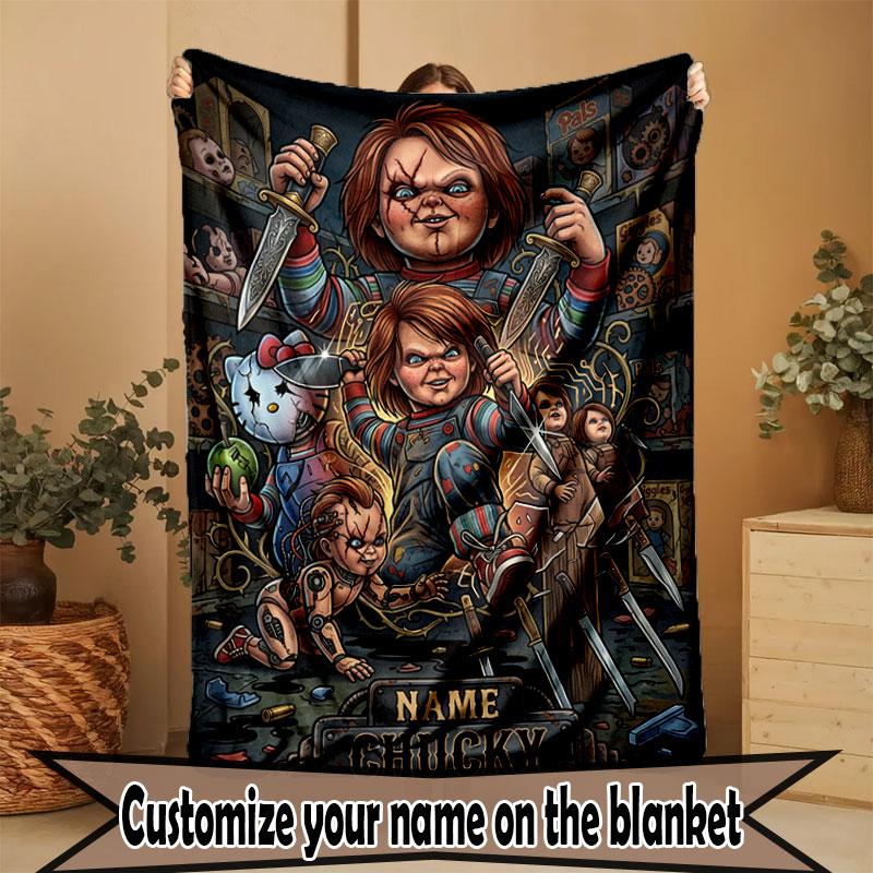 Custom Name Personalized Horror Theme Chucky Print Blanket, Home Decor, Bedroom, Sofa, Camping, Couch, Gifts for Birthday Christmas
