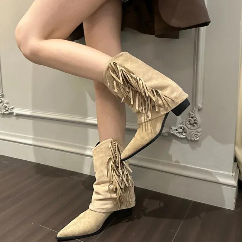 Vintage Square Heel Women Western Cowgirl Boots Fashion Slip On Shoes Autumn Winter Ladies Tassels Short Booties