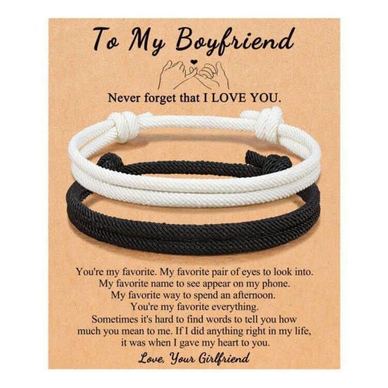2Pcs Black White Adjustable Couple Rope Bracelet Handwoven Friendship Wristbands Birthday Gift